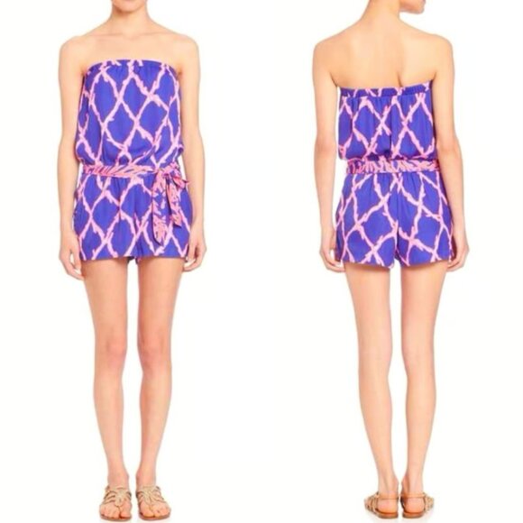 Lilly Pulitzer Ritz Deep Dive Nautical Santorini Strapless Romper with Tie Belt - Picture 1 of 8